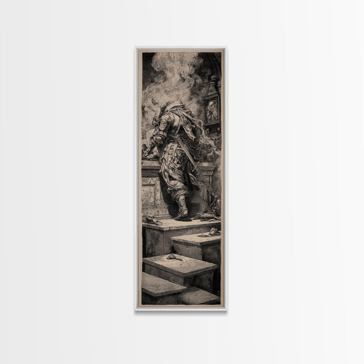 The Forgotten Crypt, Renaissance Engraving Art, Tall Narrow Wall Art, Dark Halloween Decor, Canvas Print, Halloween Wall Art