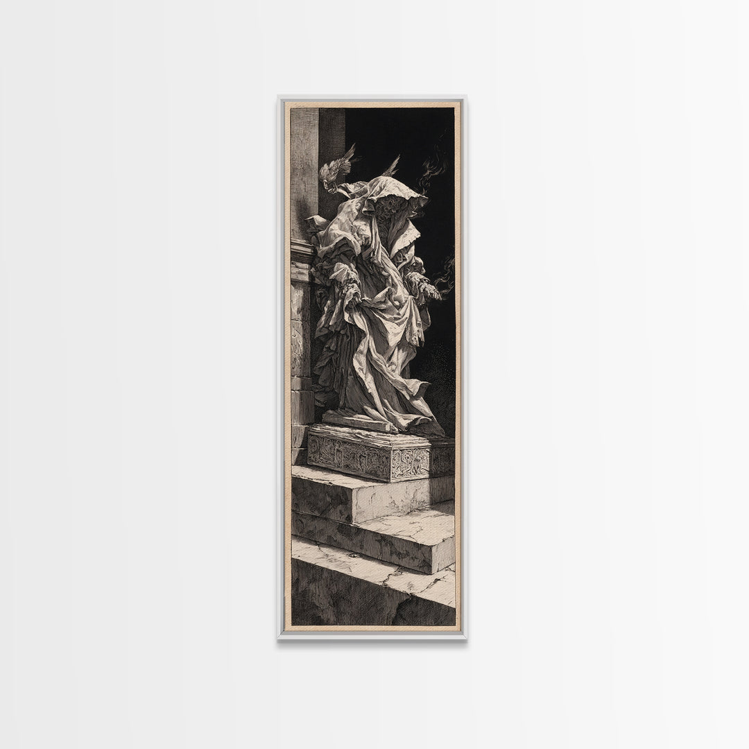 The Forgotten Crypt, Architectural Etching Art, Tall Narrow Wall Art, Dark Halloween Decor, Framed Canvas Print