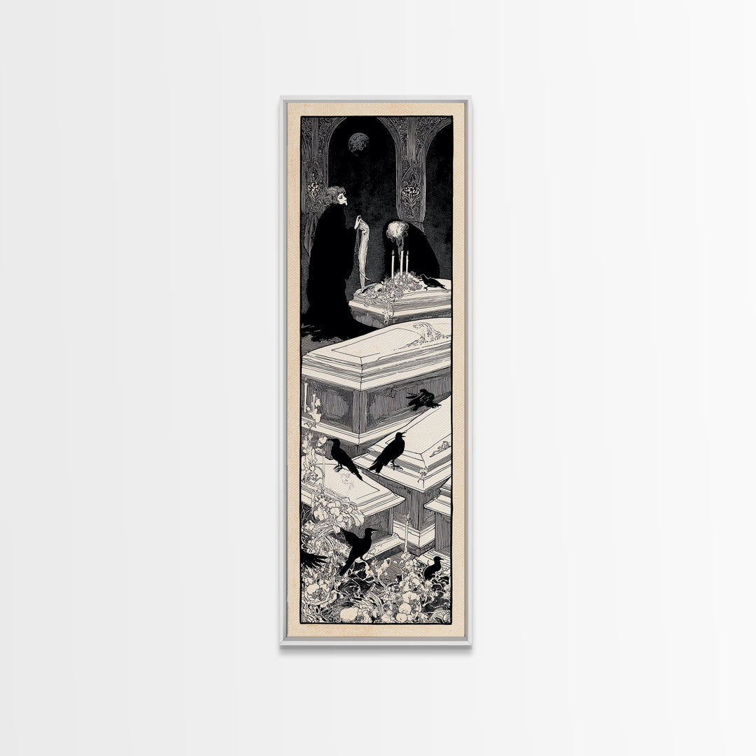 The Forgotten Crypt, Decadent Line Art, Tall Narrow Wall Art, Gothic Horror Wall Art, Framed Canvas Print, Halloween Wall Art