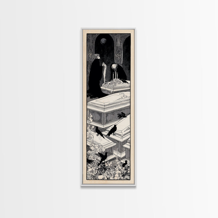 The Forgotten Crypt, Decadent Line Art, Tall Narrow Wall Art, Gothic Horror Wall Art, Framed Canvas Print, Halloween Wall Art