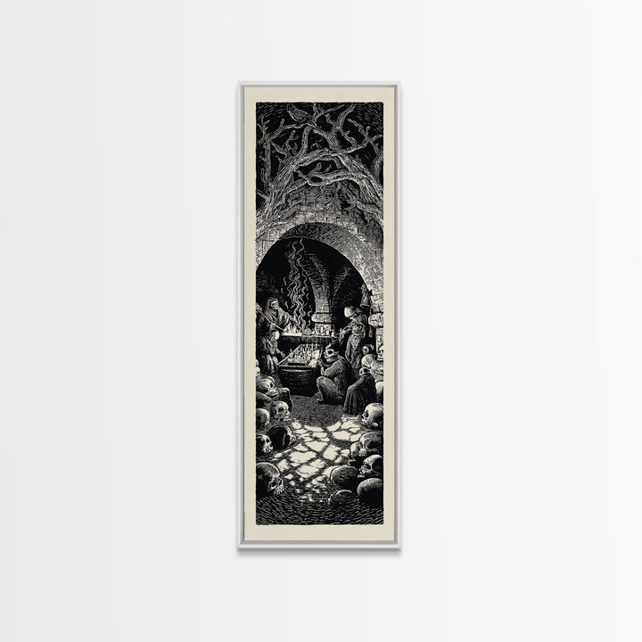 The Forgotten Crypt, Macabre Folk Print Art, Tall Narrow Wall Art, Gothic Horror Wall Art, Framed Canvas Print