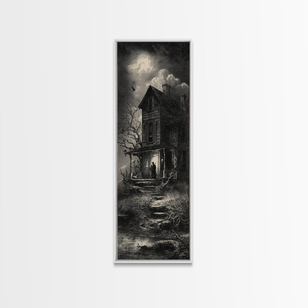 The Possessed Farmhouse, Gothic Engraving Art, Tall Narrow Wall Art, Macabre Wall Art, Canvas Print, Halloween Wall Art