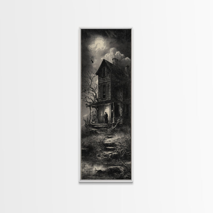 The Possessed Farmhouse, Gothic Engraving Art, Tall Narrow Wall Art, Macabre Wall Art, Canvas Print, Halloween Wall Art
