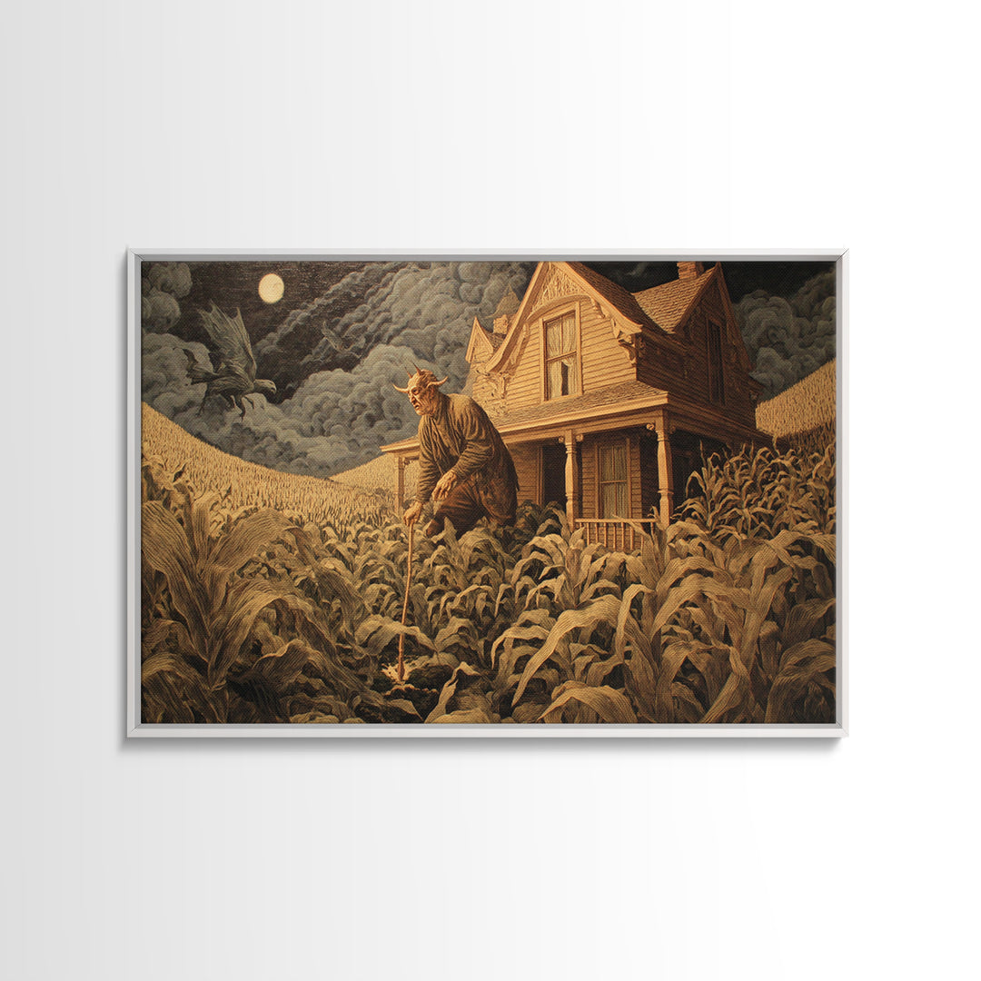 The Possessed Farmhouse, Medieval Grotesque Art, Landscape Wall Art, Dark Halloween Decor, Framed Canvas Print, Halloween Wall Art