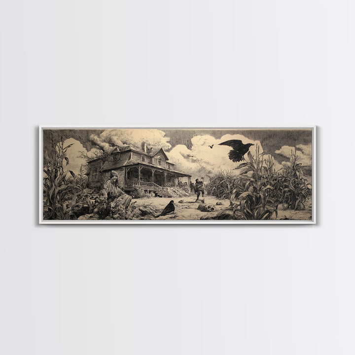 The Possessed Farmhouse, Renaissance Engraving Art, Extra Wide Wall Art, Dark Halloween Decor, Framed Canvas Print, Halloween Wall Art
