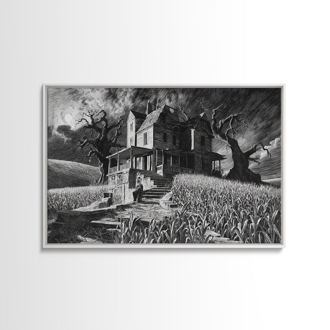 The Possessed Farmhouse, Architectural Etching Art, Landscape Wall Art, Macabre Wall Art, Framed Canvas Print