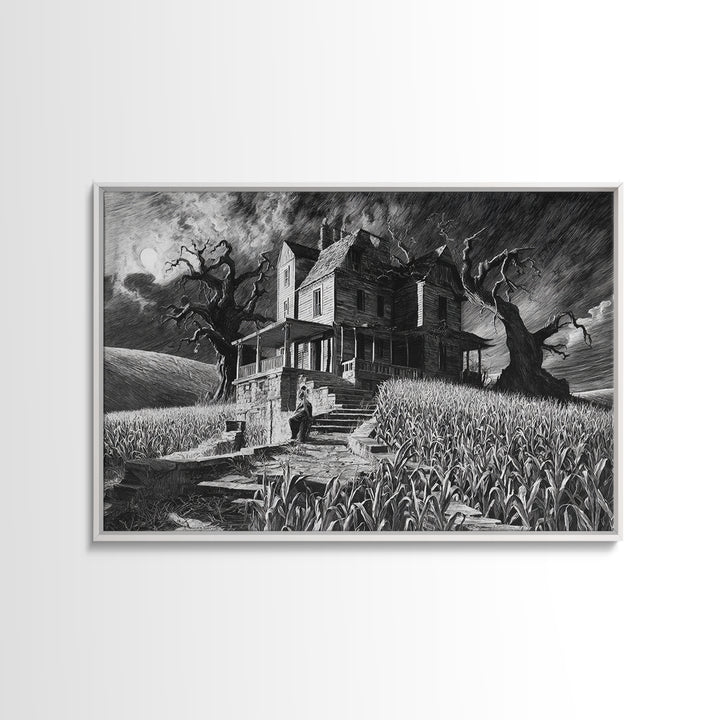 The Possessed Farmhouse, Architectural Etching Art, Landscape Wall Art, Macabre Wall Art, Framed Canvas Print