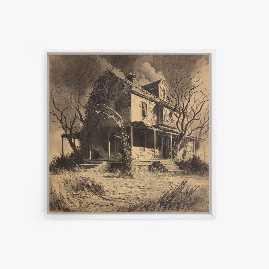 The Possessed Farmhouse, Symbolist Dream Art, Square Wall Art, Dark Halloween Decor, Canvas Print, Halloween Wall Art