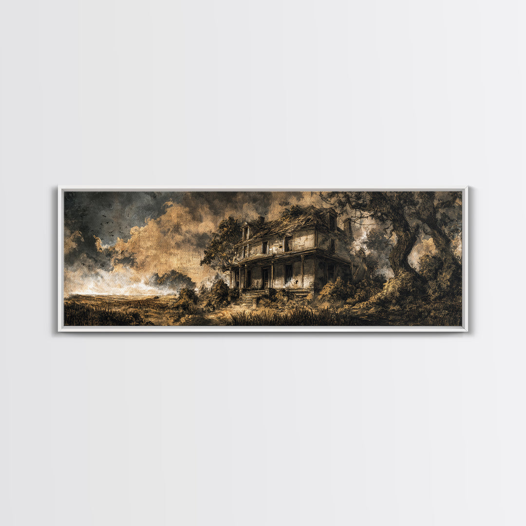 The Possessed Farmhouse, Ornate Symbolist Art, Extra Wide Wall Art, Dark Halloween Decor, Canvas Print, Halloween Wall Art