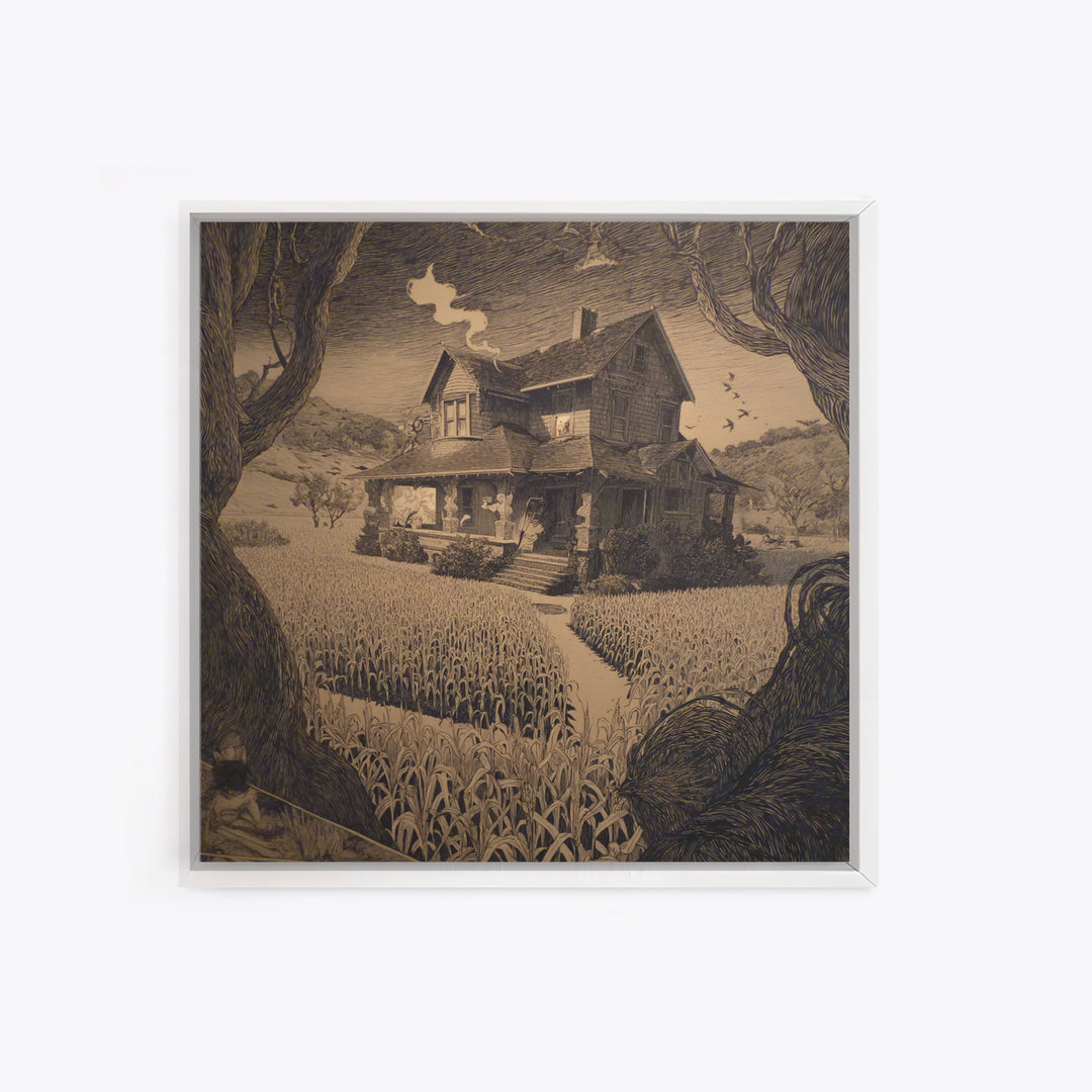 The Possessed Farmhouse, Symbolist Etching Art, Square Wall Art, Dark Halloween Decor, Framed Canvas Print, Halloween Wall Art