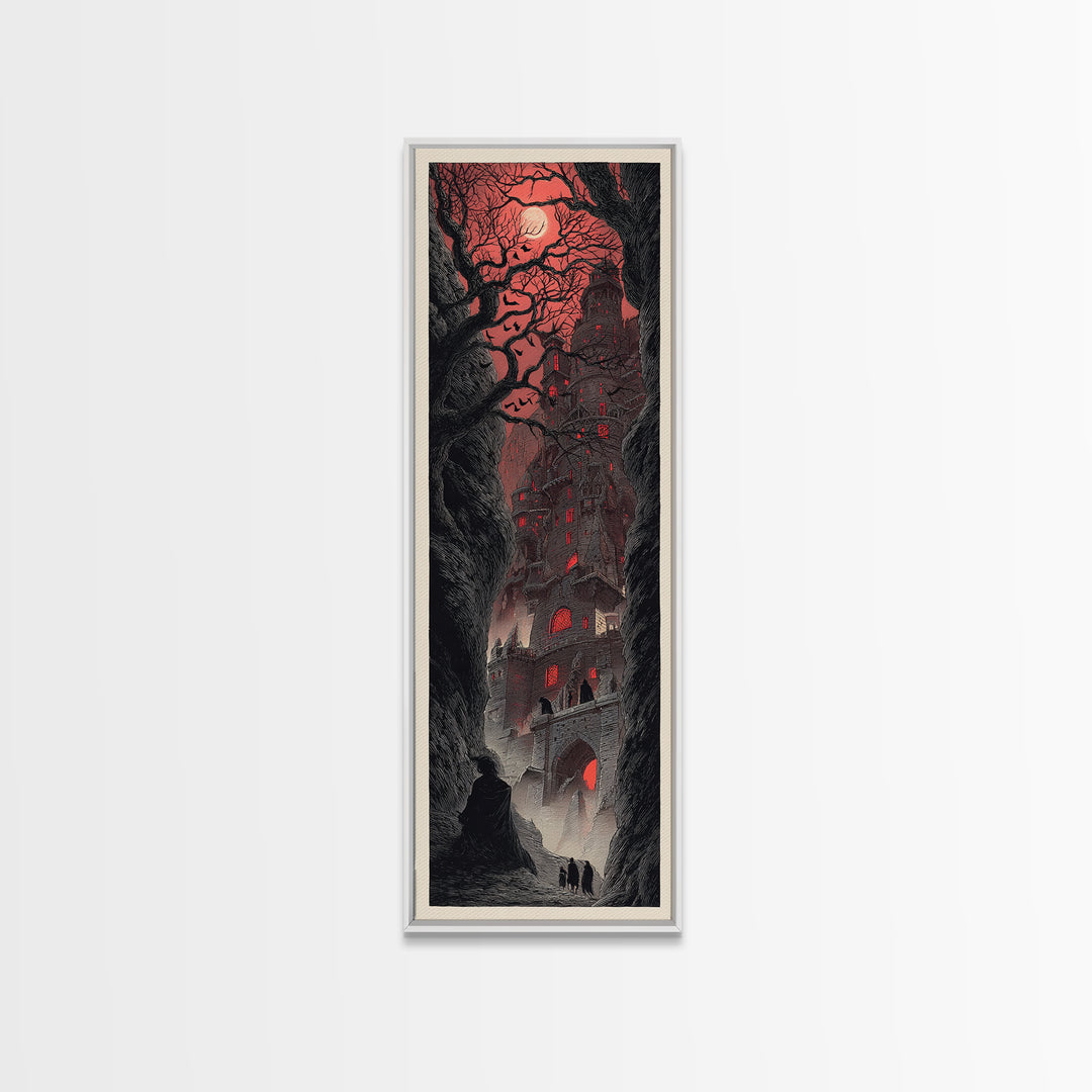 The Vampire Castle, Gothic Engraving Art, Tall Narrow Wall Art, Dark Halloween Decor, Canvas Print, Halloween Wall Art