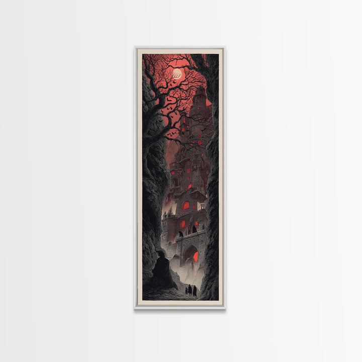 The Vampire Castle, Gothic Engraving Art, Tall Narrow Wall Art, Dark Halloween Decor, Canvas Print, Halloween Wall Art
