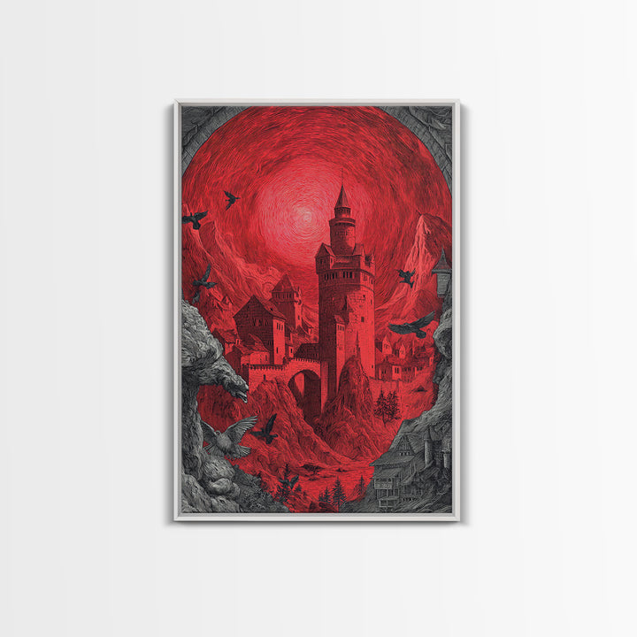The Vampire Castle, Renaissance Engraving Art, Vertical Wall Art, Dark Halloween Decor, Framed Canvas Print, Halloween Wall Art