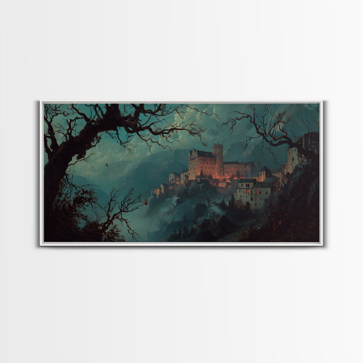 The Vampire Castle, Baroque Witchcraft Art, Wide Panoramic Art, Dark Fantasy Wall Art, Framed Canvas Print, Halloween Wall Art