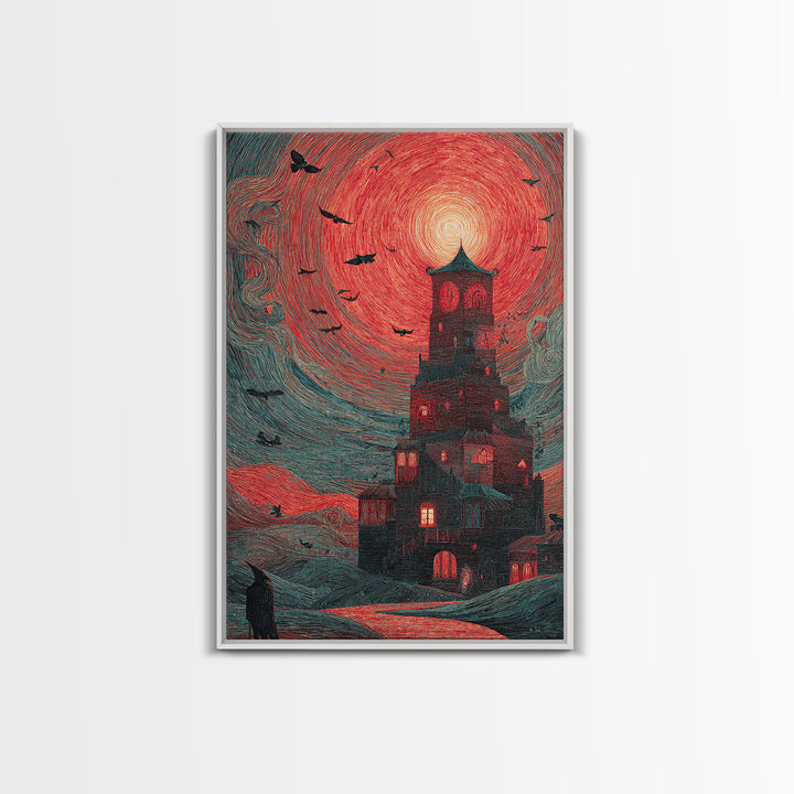The Vampire Castle, Expressionist Gothic Art, Vertical Wall Art, Dark Halloween Decor, Canvas Print, Halloween Wall Art