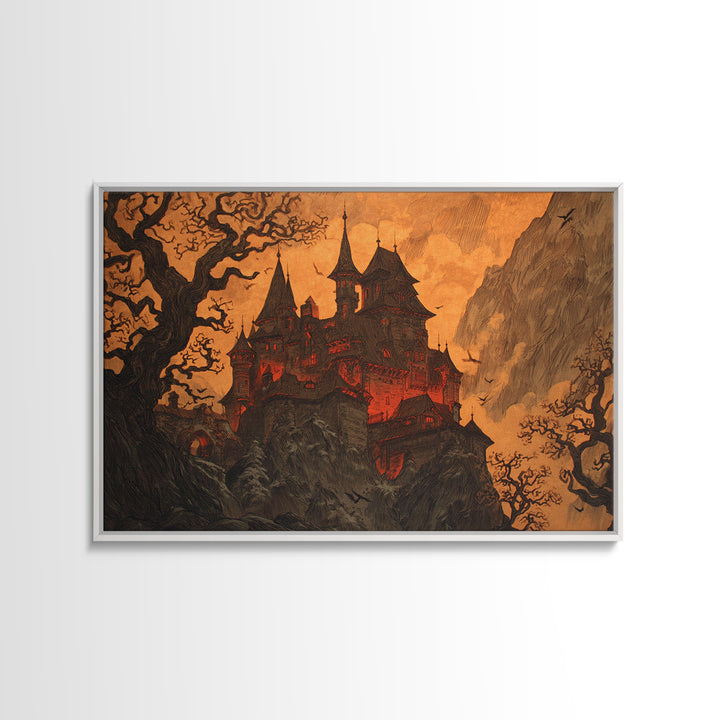 The Vampire Castle, Gothic Storybook Art, Landscape Wall Art, Dark Fantasy Wall Art, Framed Canvas Print, Halloween Wall Art