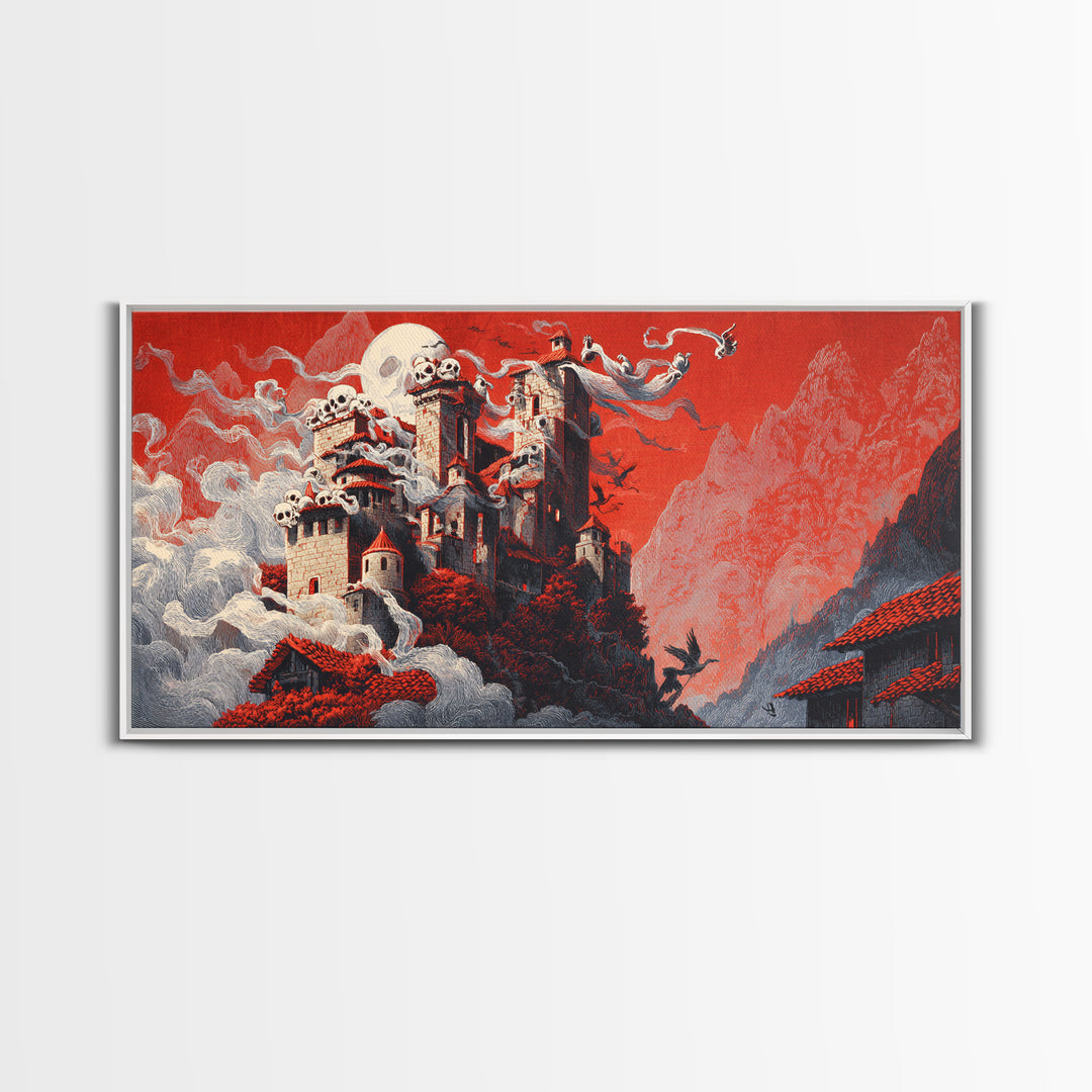 The Vampire Castle, Macabre Folk Print Art, Wide Panoramic Art, Dark Halloween Decor, Canvas Print, Halloween Wall Art