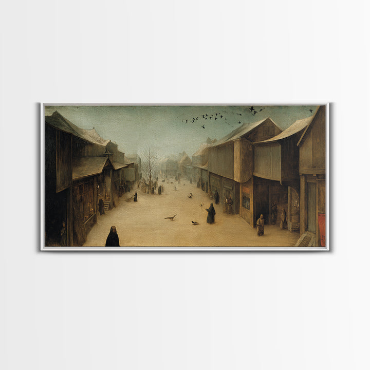 The Ghost Town Main Street, Northern Renaissance Horror, Wide Panoramic Art, Dark Halloween Decor, Framed Canvas Print