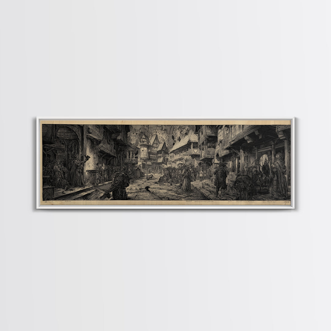 The Ghost Town Main Street, Renaissance Engraving Art, Extra Wide Wall Art, Dark Halloween Decor, Framed Canvas Print, Halloween Wall Art