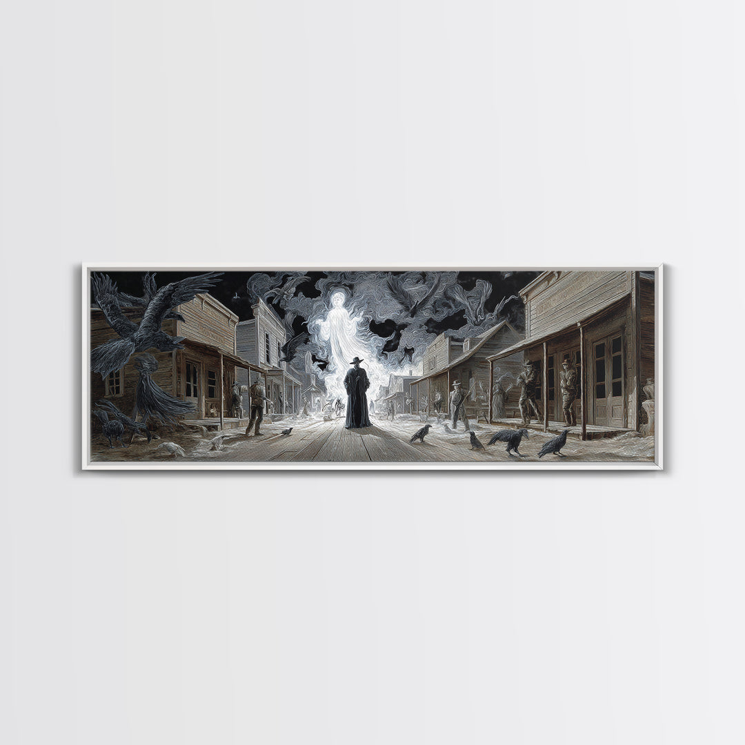 The Ghost Town Main Street, Visionary Gothic Art, Extra Wide Wall Art, Macabre Wall Art, Framed Canvas Print, Halloween Wall Art