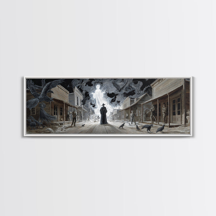 The Ghost Town Main Street, Visionary Gothic Art, Extra Wide Wall Art, Macabre Wall Art, Framed Canvas Print, Halloween Wall Art