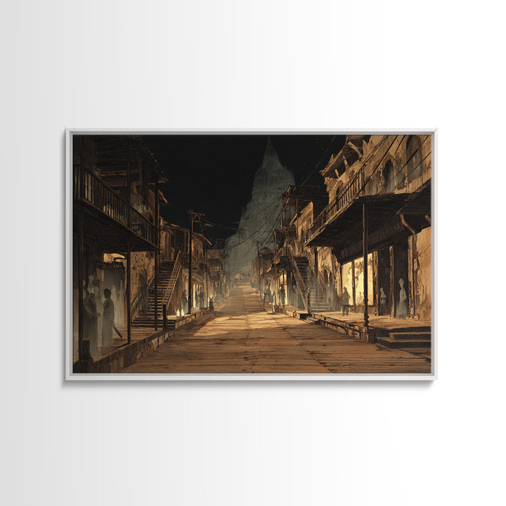 The Ghost Town Main Street, Architectural Etching Art, Landscape Wall Art, Dark Halloween Decor, Framed Canvas Print