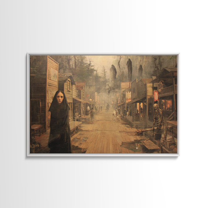 The Ghost Town Main Street, Symbolist Gothic Landscape, Landscape Wall Art, Macabre Wall Art, Framed Canvas Print, Halloween Wall Art