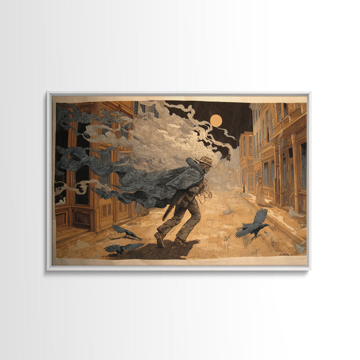 The Ghost Town Main Street, Symbolist Etching Art, Landscape Wall Art, Gothic Horror Wall Art, Framed Canvas Print, Halloween Wall Art