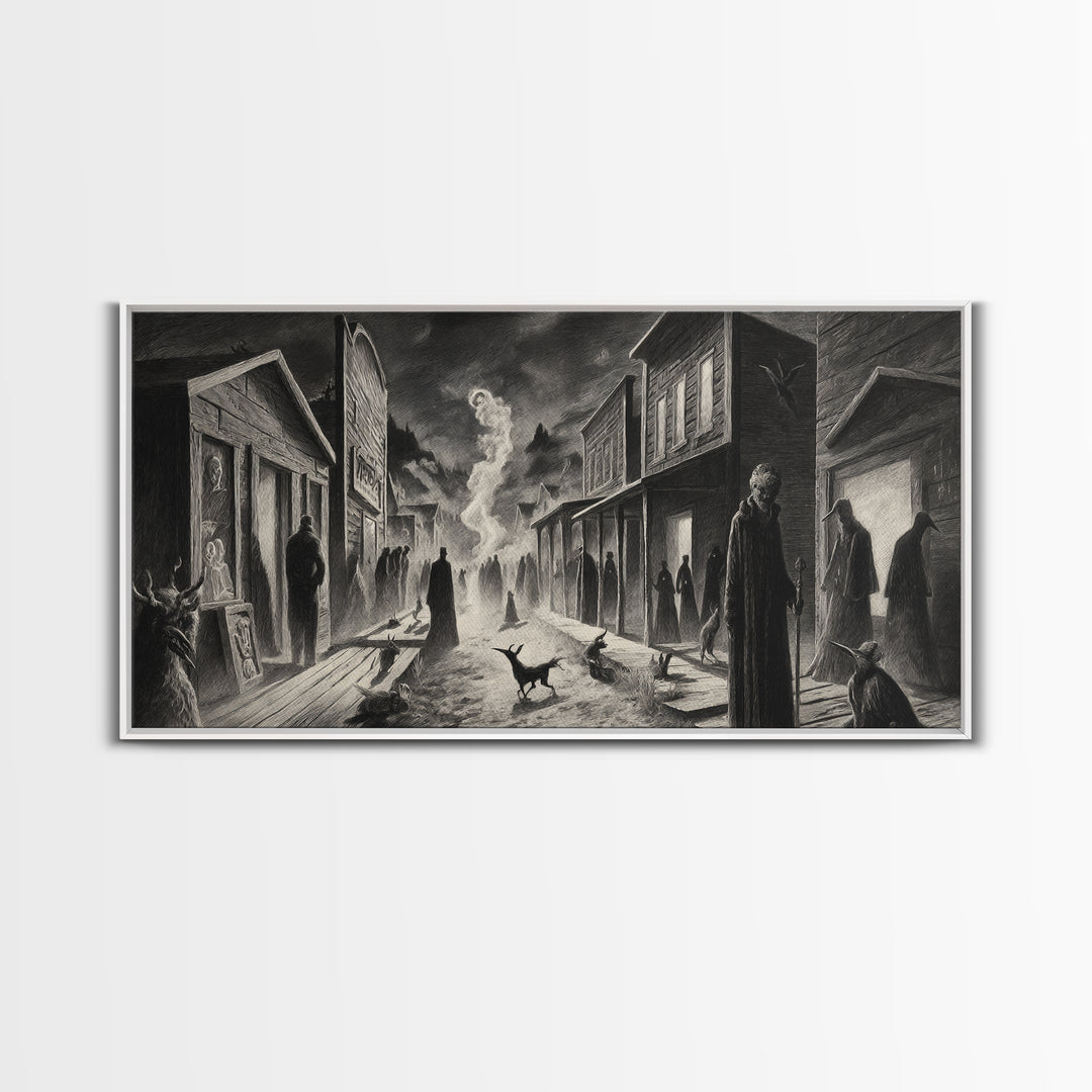 The Ghost Town Main Street, Expressionist Nightmare Art, Wide Panoramic Art, Dark Halloween Decor, Framed Canvas Print, Halloween Wall Art
