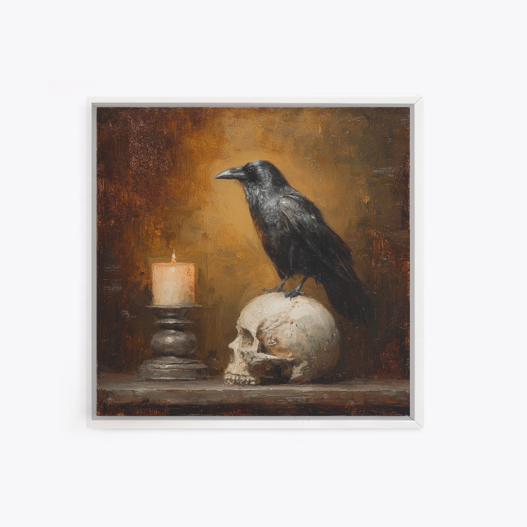 Raven Perched on a Skull Canvas Print, Dark Art, Room Decor, Living Room Decor, Fine Art, Nocturne, Digital Art, DAR-1x1-25