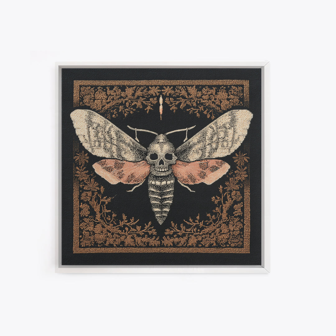 Moth with Skull Pattern on Black Ground Framed Canvas Print, Dark Art, Unique Wall Decor, Living Room Decor, Fine Art, Nocturne, DAR-1x1-39