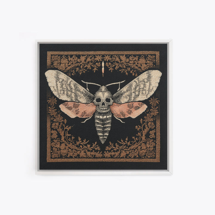 Moth with Skull Pattern on Black Ground Framed Canvas Print, Dark Art, Unique Wall Decor, Living Room Decor, Fine Art, Nocturne, DAR-1x1-39