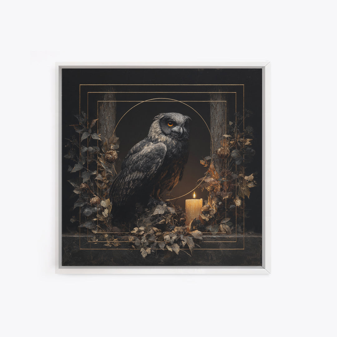 Owl in a Midnight Pine Forest Framed Canvas Print, Dark Art, Weird Art, Living Room Decor, Oil Painting, Nocturne, DAR-1x1-46