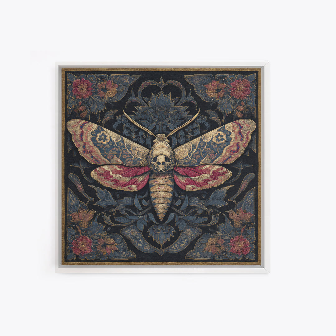 Moth with Skull Pattern on Black Ground Framed Canvas Print, Dark Art, Neutral Decor, Living Room Decor, Fine Art, Nocturne, DAR-1x1-63