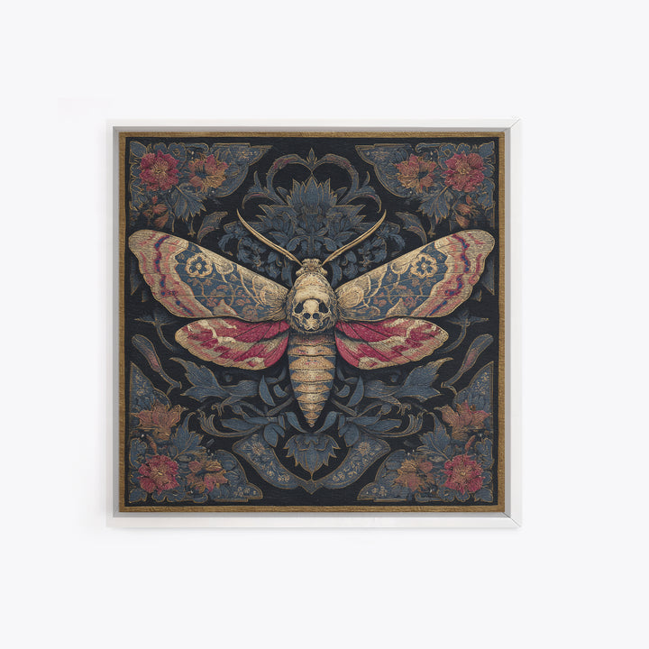 Moth with Skull Pattern on Black Ground Framed Canvas Print, Dark Art, Neutral Decor, Living Room Decor, Fine Art, Nocturne, DAR-1x1-63