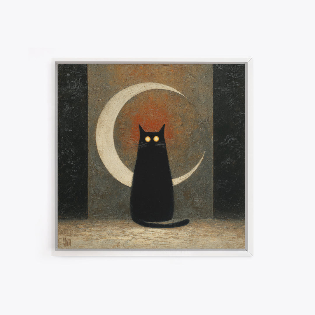 Black Cat with Glowing Eyes under Crescent Canvas Print, Dark Art, Statement Artwork, Living Room Decor, Fine Art, Nocturne, DAR-1x1-9