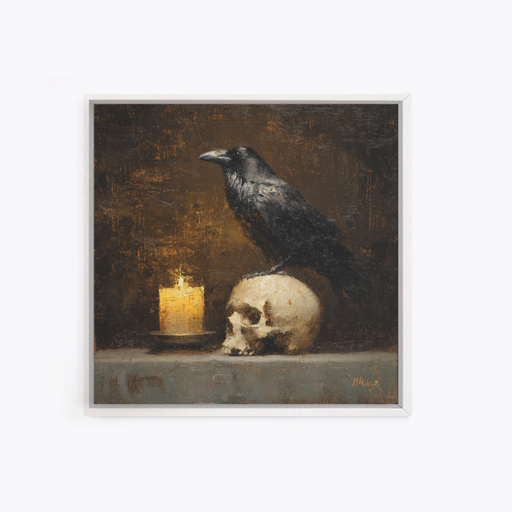 Raven Perched on a Skull Canvas Print, Dark Art, Art Print, Living Room Decor, Oil Painting, Nocturne, Halloween Art, DAR-1x1-97
