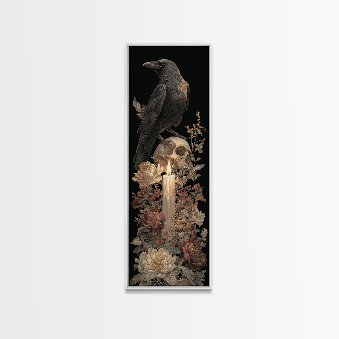 Raven Perched on a Skull Canvas Print, Dark Art, Minimalist Decor, Living Room Decor, Fine Art, Nocturne, Oil Painting, DAR-1x3-37