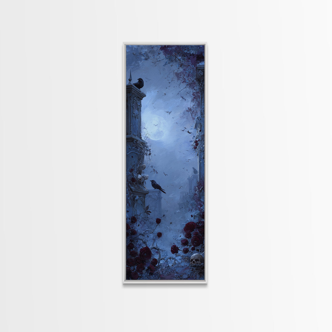 Silent Graveyard with Blue Moon Haze Framed Canvas Print, Dark Art, Horror Wall Art, Living Room Decor, Oil Painting, Nocturne, DAR-1x3-54