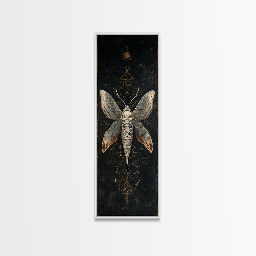 Moth with Skull Pattern on Black Ground Framed Canvas Print, Dark Art, Neutral Decor, Living Room Decor, Fine Art, Nocturne, DAR-1x3-75