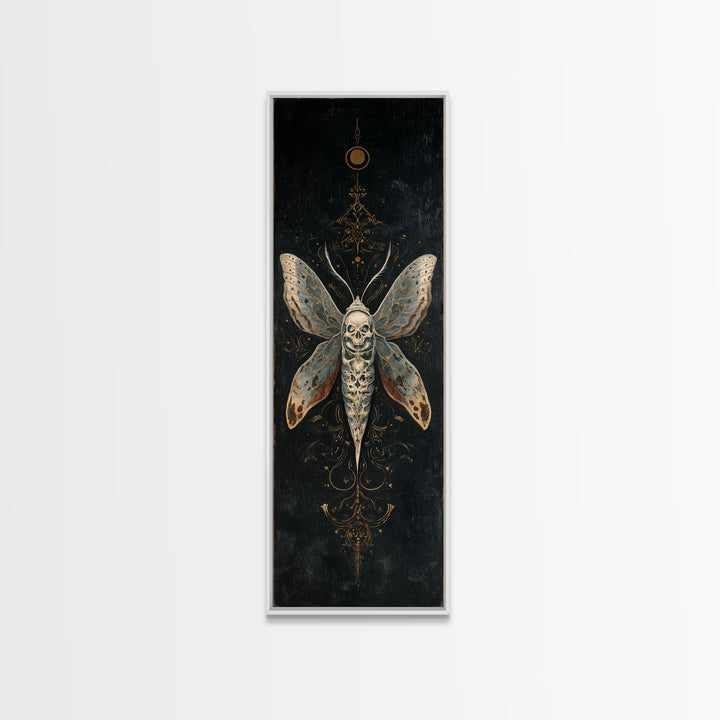 Moth with Skull Pattern on Black Ground Framed Canvas Print, Dark Art, Neutral Decor, Living Room Decor, Fine Art, Nocturne, DAR-1x3-75
