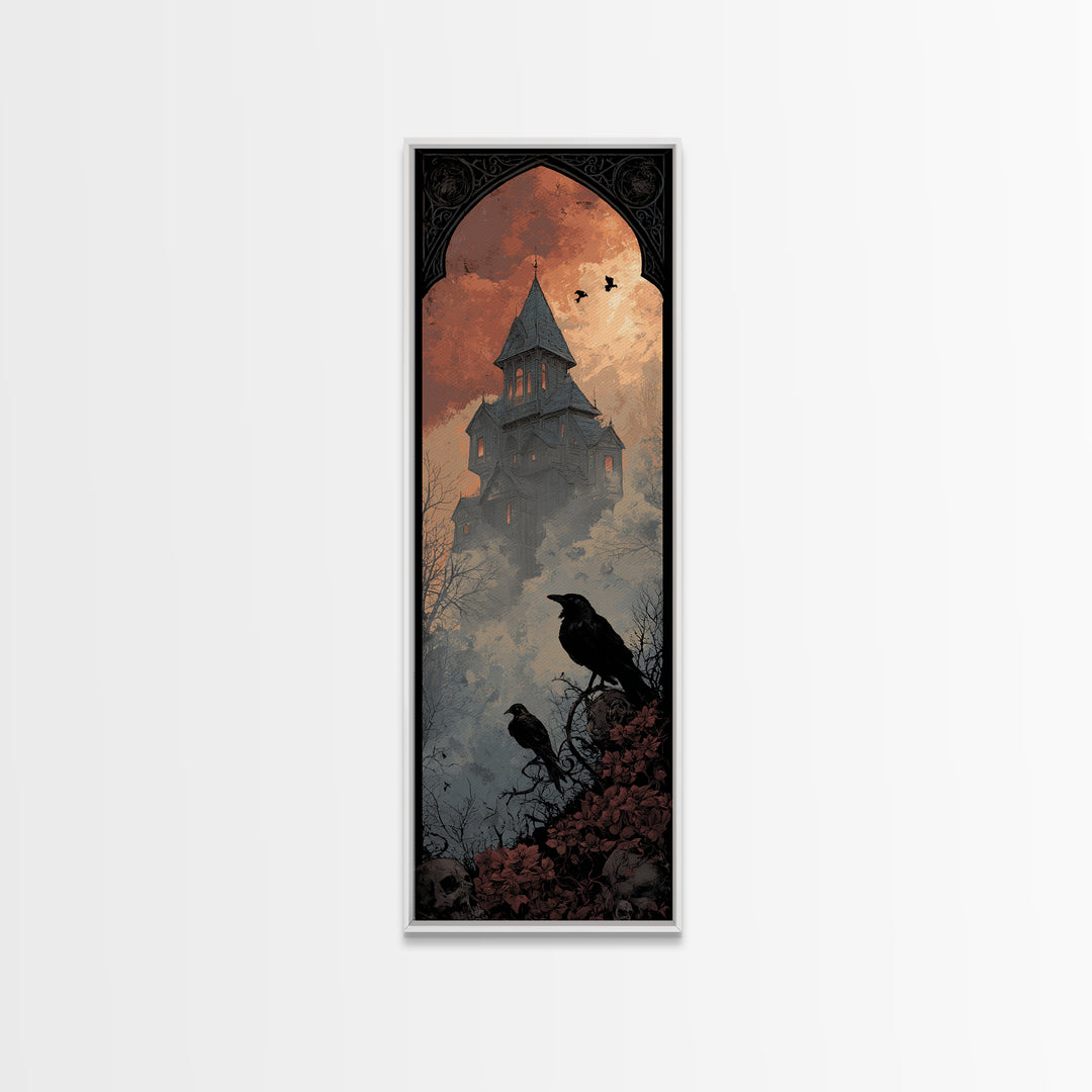 Haunted Mansion Silhouette on Distant Hill Canvas Print, Dark Art, Wall Art, Living Room Decor, Oil Painting, Nocturne, DAR-1x3-90