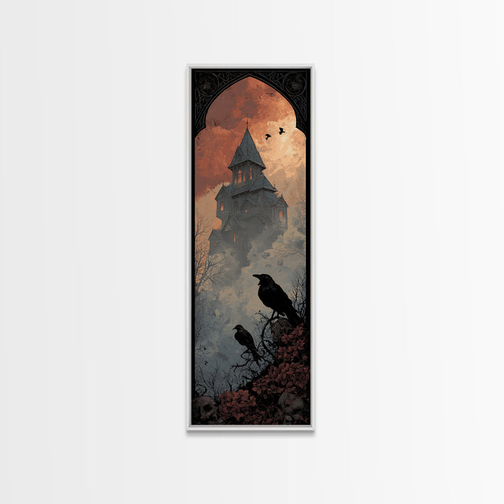 Haunted Mansion Silhouette on Distant Hill Canvas Print, Dark Art, Wall Art, Living Room Decor, Oil Painting, Nocturne, DAR-1x3-90
