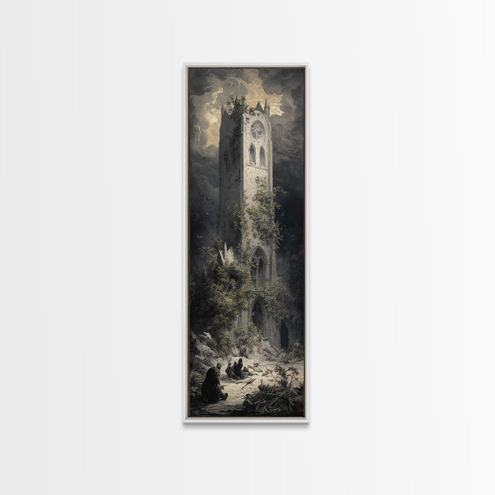 The Overgrown Chapel, Gothic Engraving Art, Tall Narrow Wall Art, Dark Halloween Decor, Canvas Print, Halloween Wall Art
