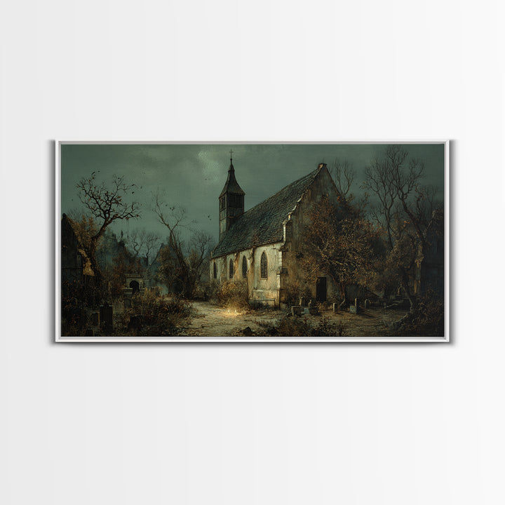 The Overgrown Chapel, Northern Renaissance Horror, Wide Panoramic Art, Dark Halloween Decor, Canvas Print, Halloween Wall Art