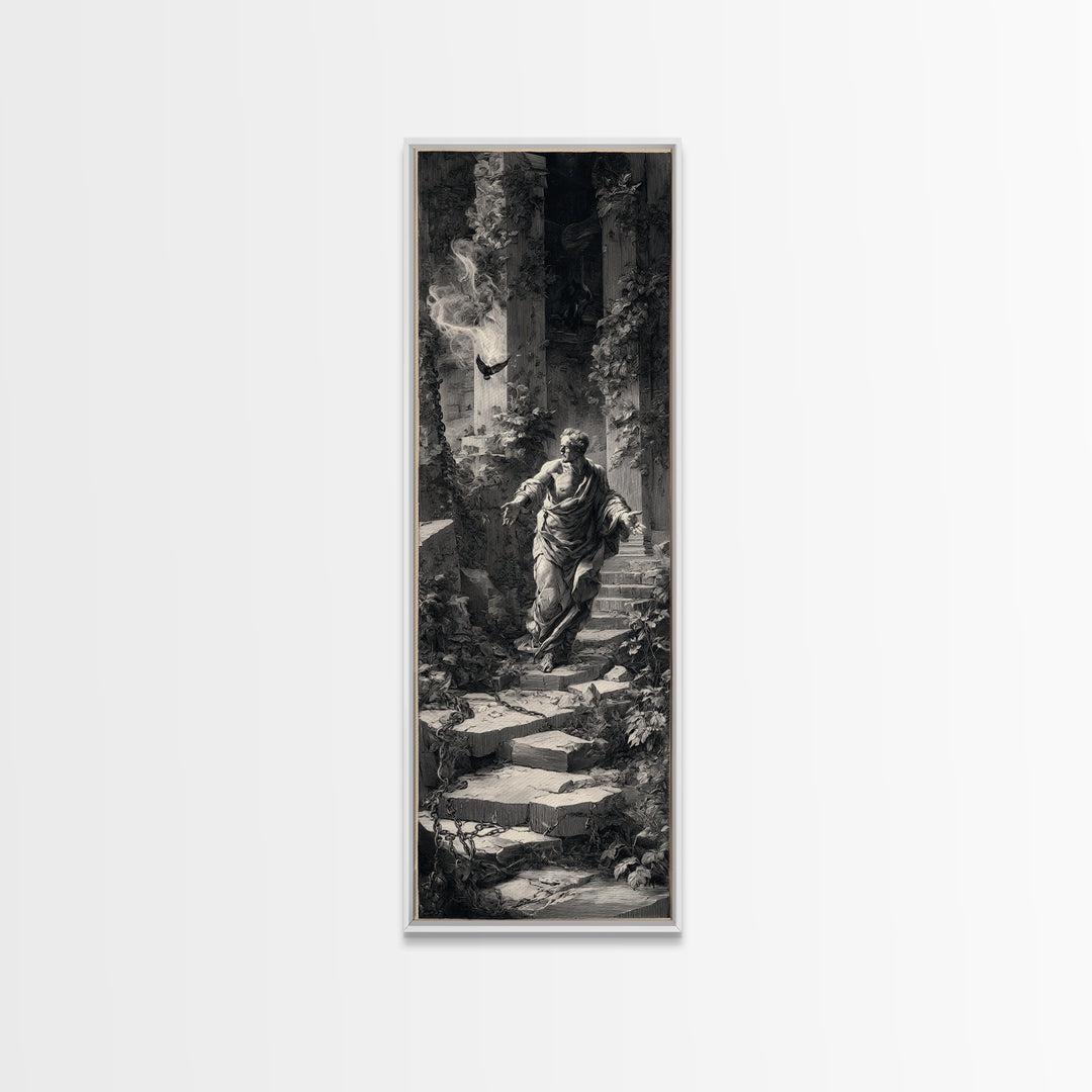 The Overgrown Chapel, Architectural Etching Art, Tall Narrow Wall Art, Dark Halloween Decor, Framed Canvas Print