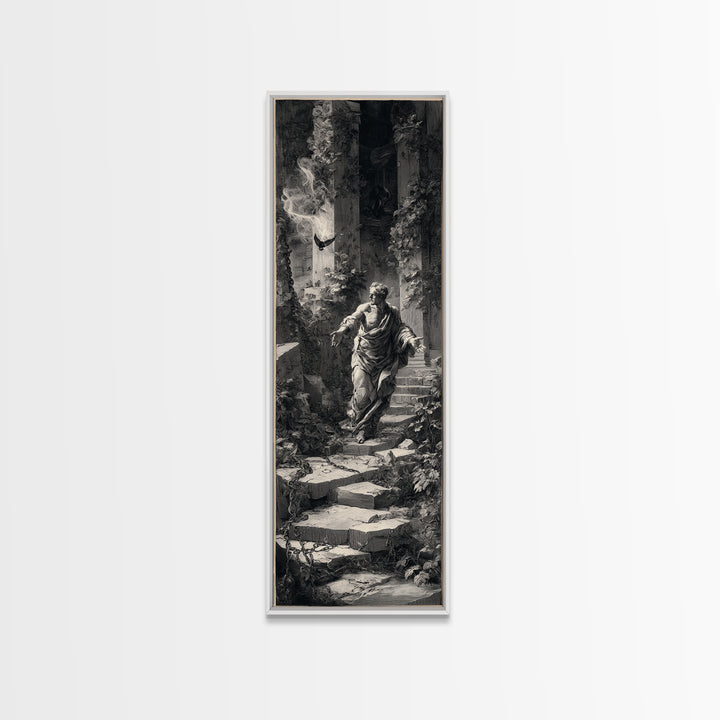 The Overgrown Chapel, Architectural Etching Art, Tall Narrow Wall Art, Dark Halloween Decor, Framed Canvas Print