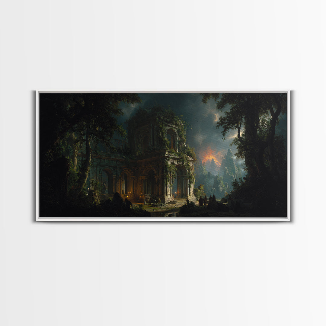 The Overgrown Chapel, Apocalyptic Romantic Art, Wide Panoramic Art, Dark Fantasy Wall Art, Framed Canvas Print, Halloween Wall Art