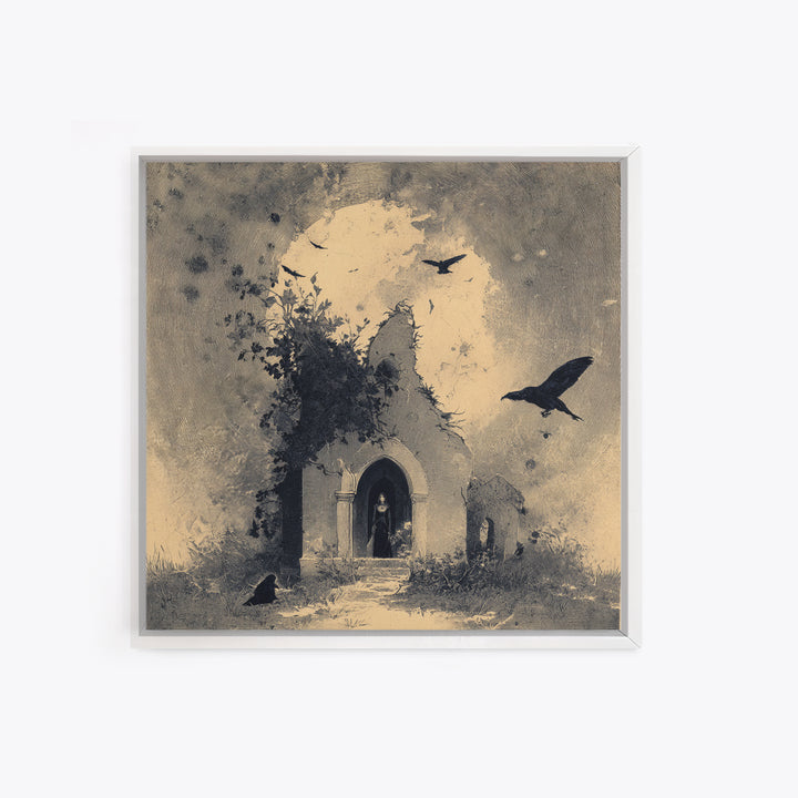 The Overgrown Chapel, Symbolist Dream Art, Square Wall Art, Dark Halloween Decor, Canvas Print, Halloween Wall Art