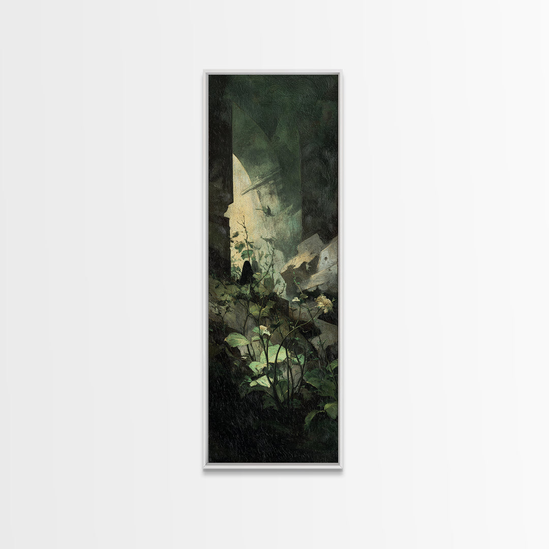 The Overgrown Chapel, Dark Symbolist Art, Tall Narrow Wall Art, Dark Halloween Decor, Canvas Print, Halloween Wall Art